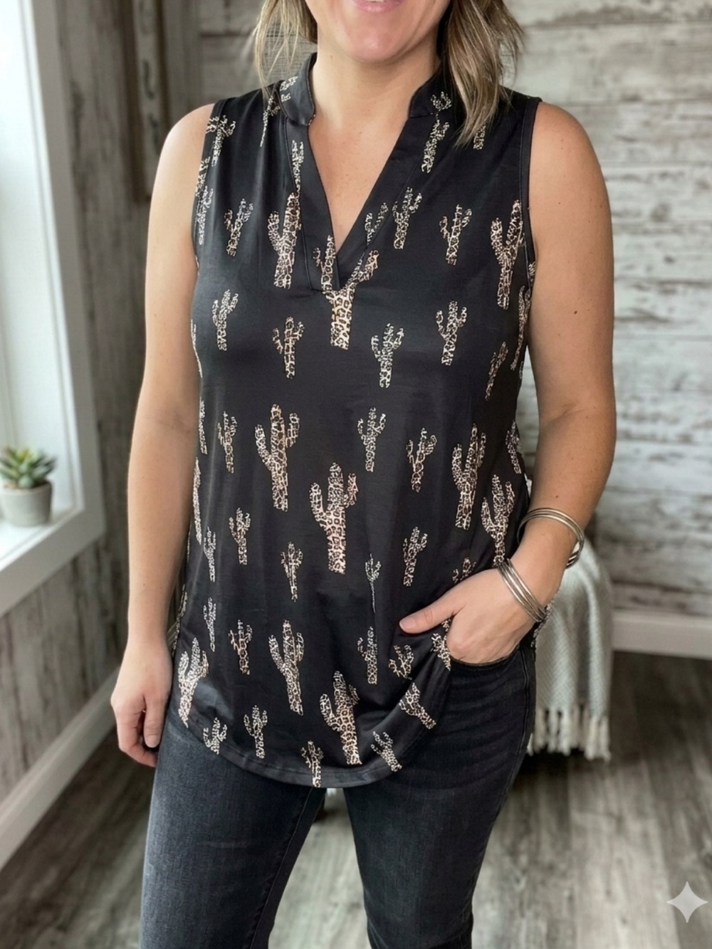 Black Cactus-Print Sleeveless V-Neck Camisole